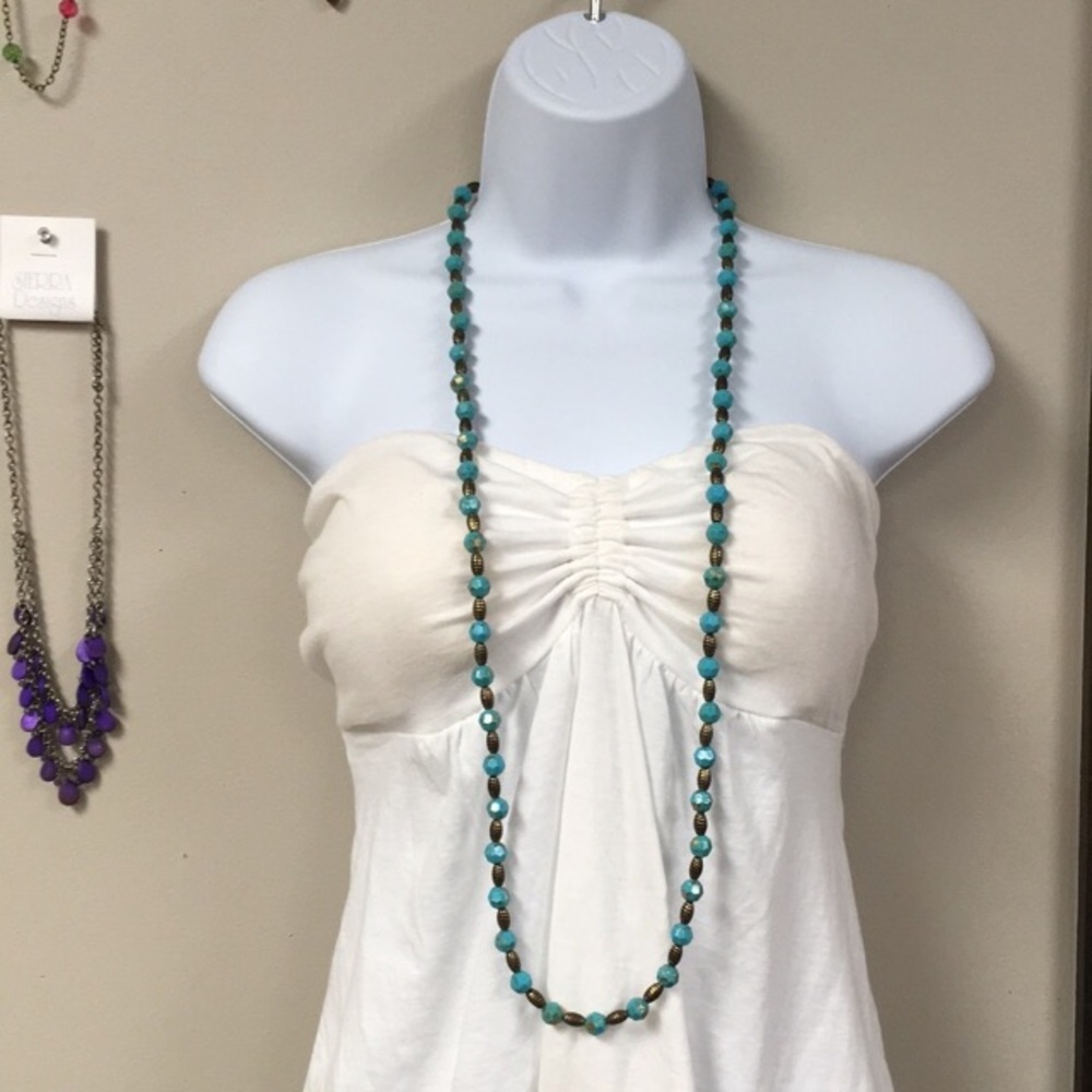 Long Necklace with Bronze and Faux Turquoise Beads